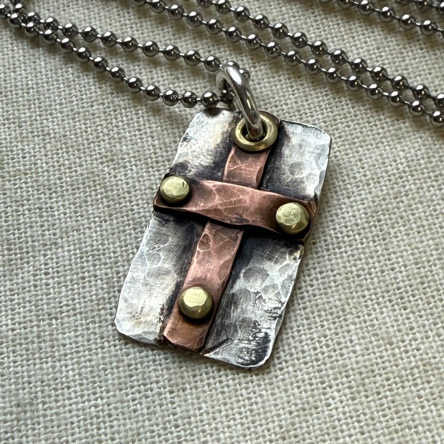Sterling Silver and Copper Rustic Hammered Cross Necklace Hand Riveted Mixed Metal