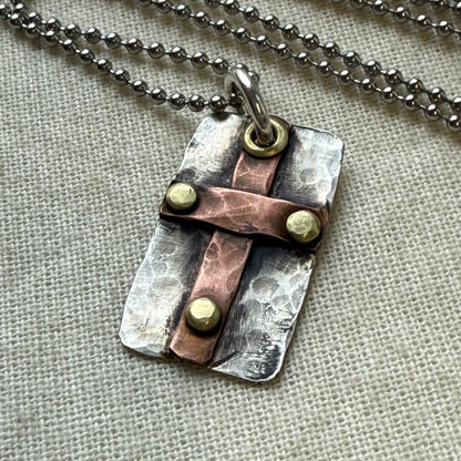 Sterling Silver and Copper Rustic Hammered Cross Necklace Hand Riveted Mixed Metal