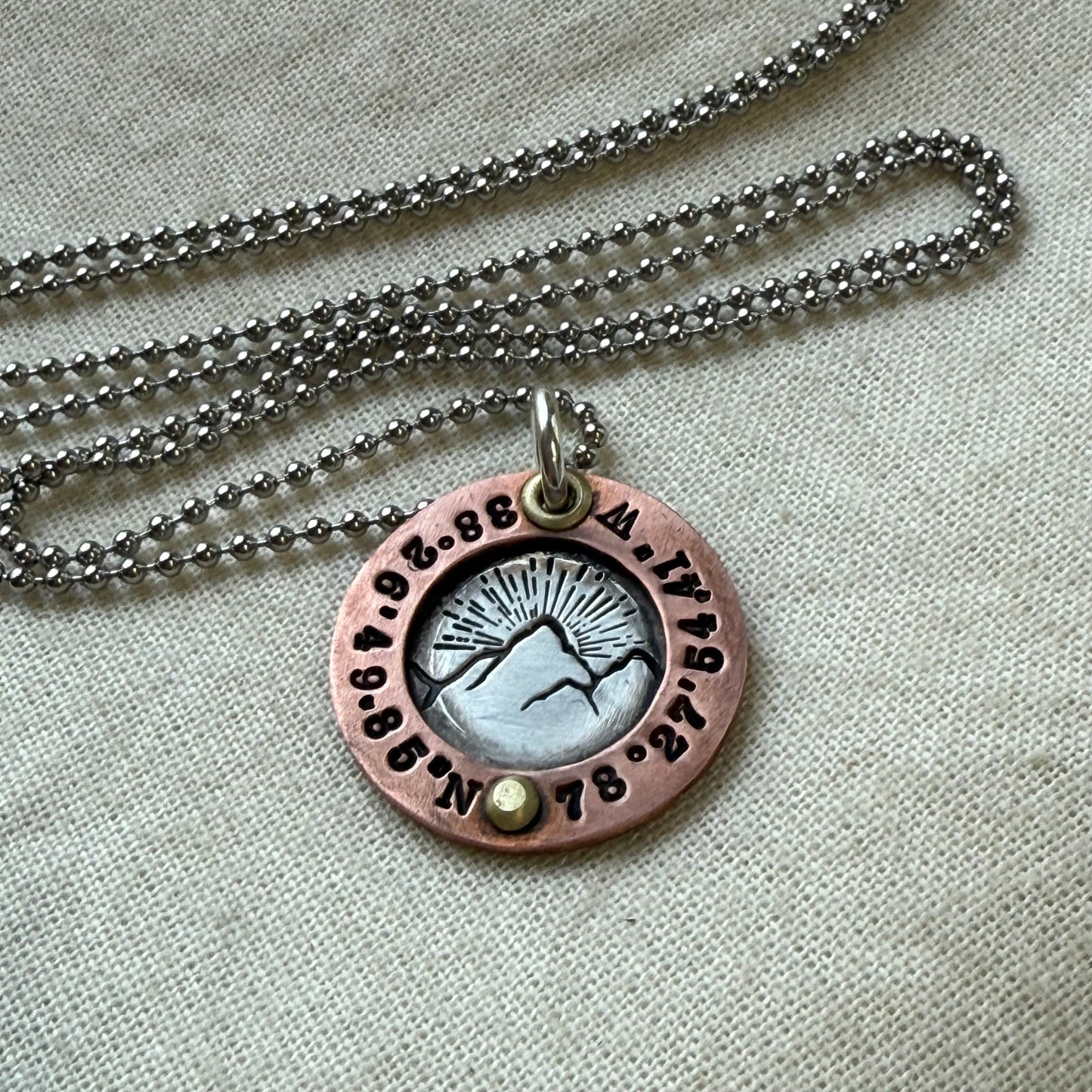 mixed metal sterling silver personalized mountain necklace with copper and golden brass hand crafted by drake designs jewelry