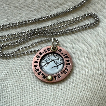 mixed metal sterling silver personalized mountain necklace with copper and golden brass hand crafted by drake designs jewelry