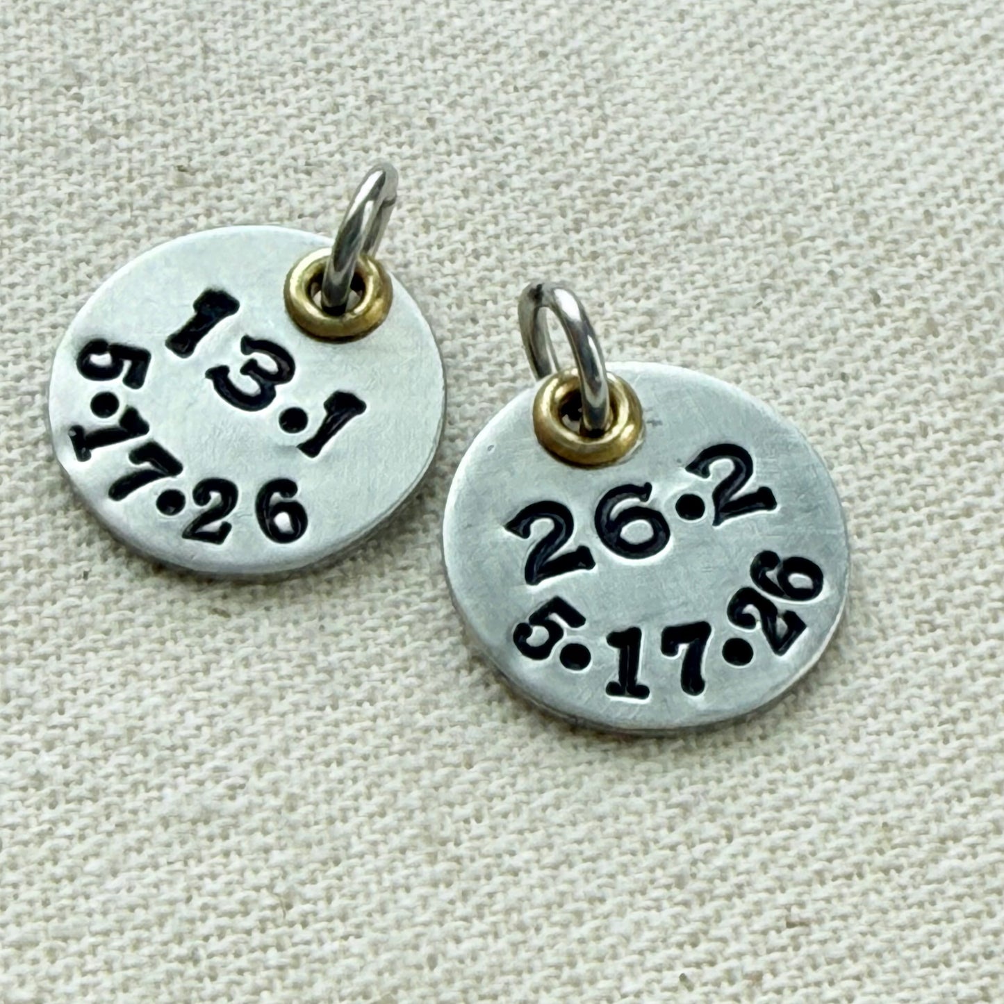 Personalized Marathon or Half Marathon charm -  Mixed Metal Hand stamped - silver and gold pendant - drake designs jewelry