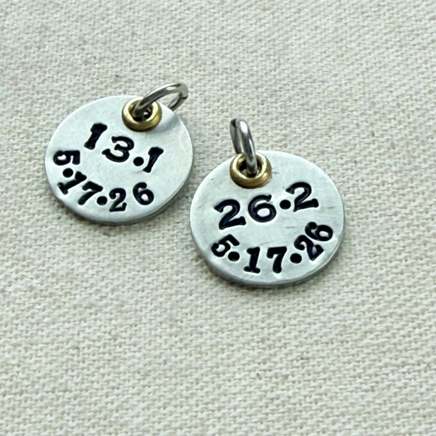 Personalized Marathon or Half Marathon charm - Mixed Metal Hand stamped - silver and gold pendant - drake designs jewelry