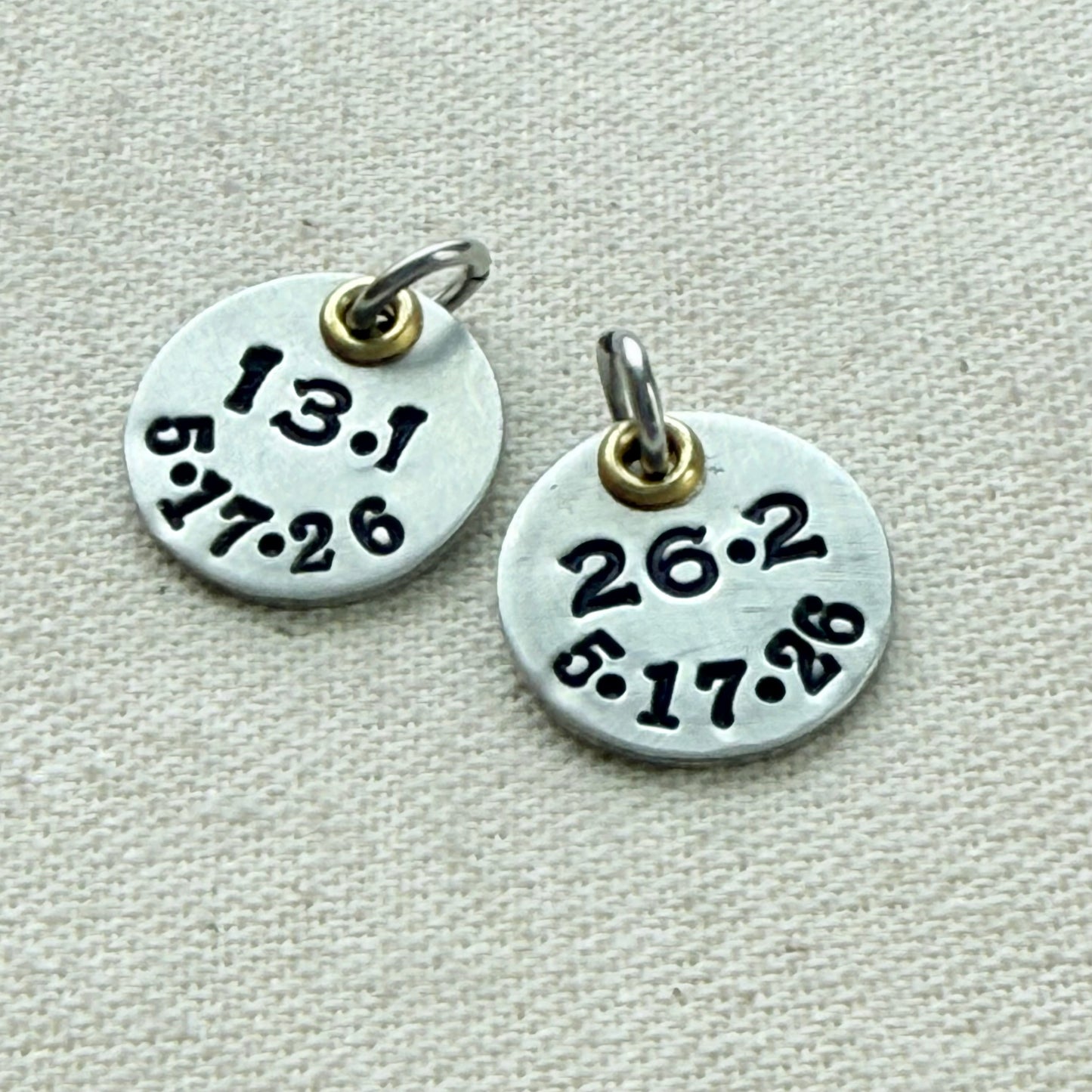 Personalized Marathon or Half Marathon Charm - Mixed Metal Hand stamped - silver and gold pendant - drake designs jewelry