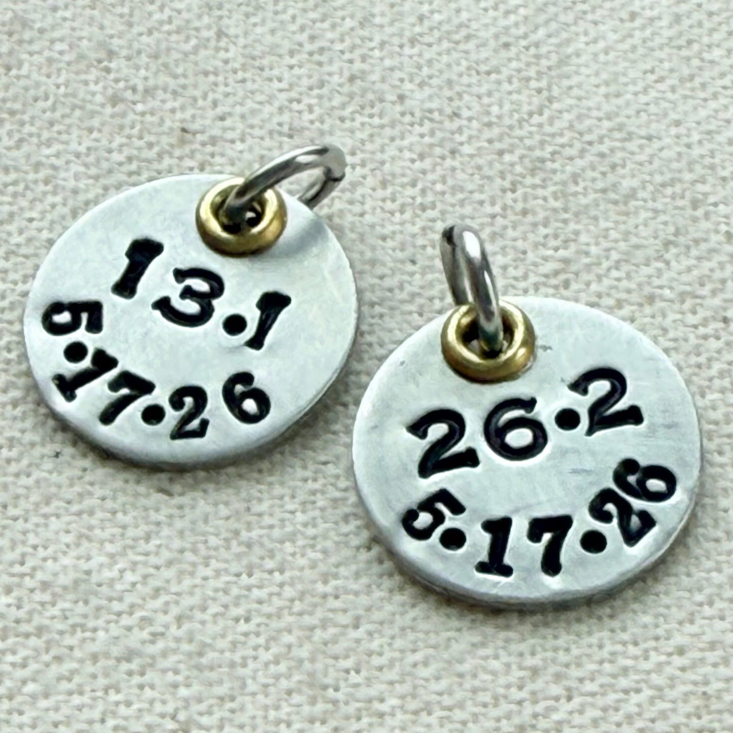 Personalized Marathon or Half Marathon Charm - Mixed Metal Hand stamped - silver and gold pendant - drake designs jewelry