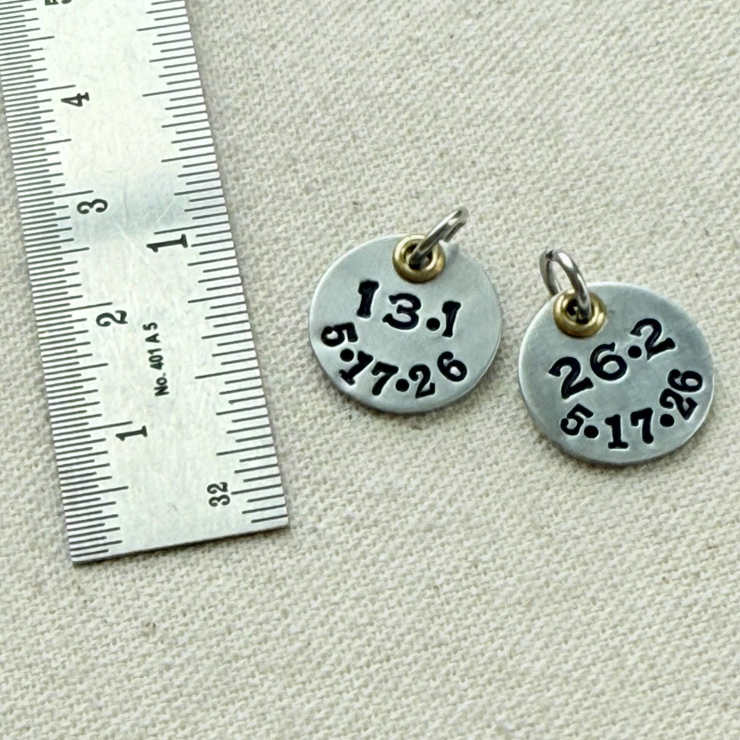 Personalized Marathon or Half Marathon Chasrm - Mixed Metal Hand stamped with date and 26.2 or 13.1 - silver and gold pendant - drake designs jewelry