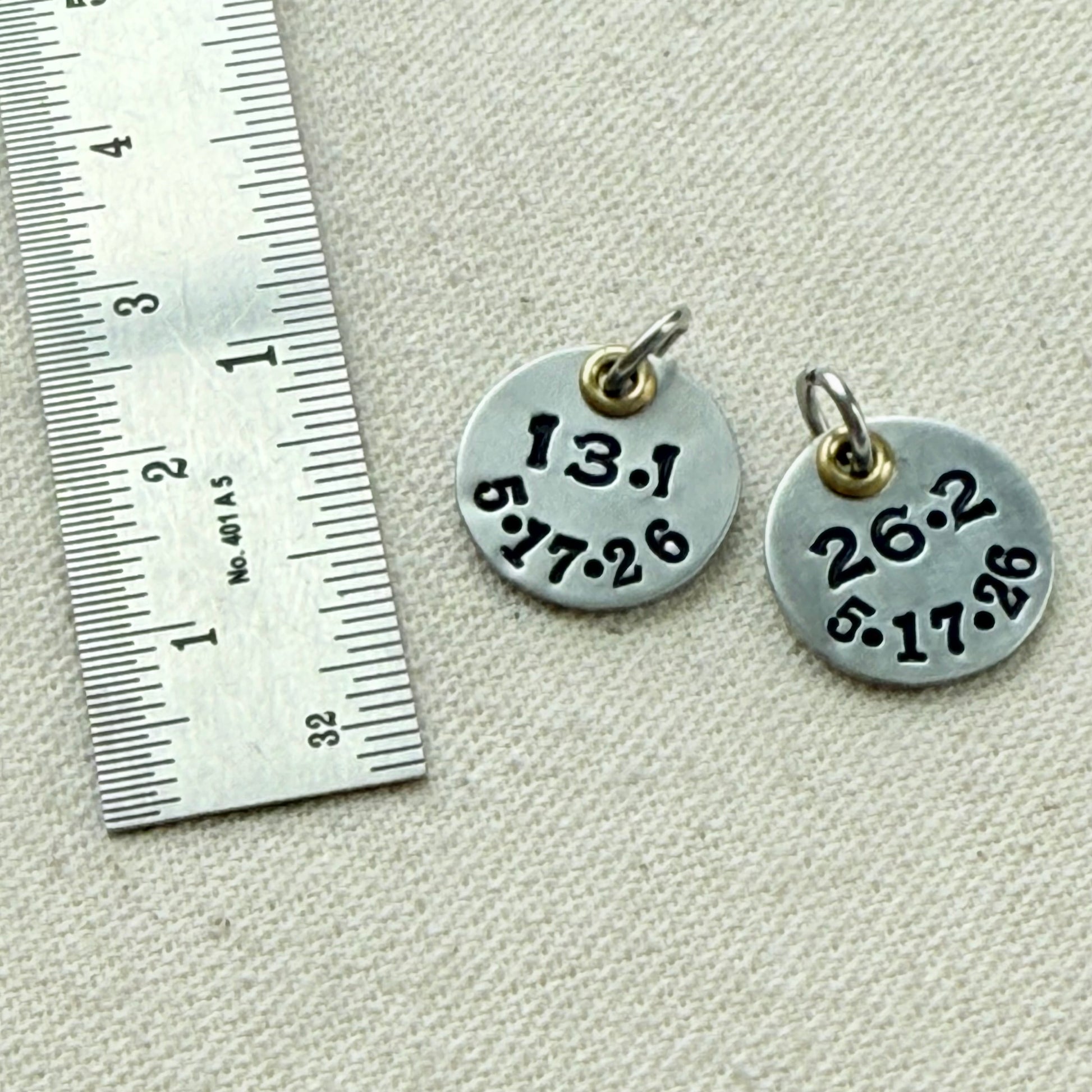 Personalized Marathon or Half Marathon Chasrm - Mixed Metal Hand stamped with date and 26.2 or 13.1 - silver and gold pendant - drake designs jewelry