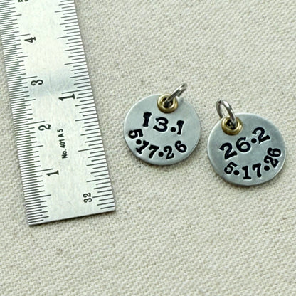 Personalized Marathon or Half Marathon Chasrm - Mixed Metal Hand stamped with date and 26.2 or 13.1 - silver and gold pendant - drake designs jewelry