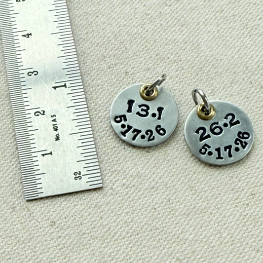 Personalized Marathon or Half Marathon Chasrm - Mixed Metal Hand stamped with date and 26.2 or 13.1 - silver and gold pendant - drake designs jewelry