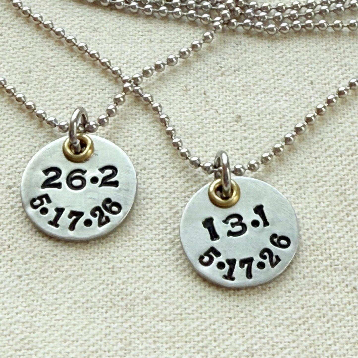Personalized Marathon or Half Marathon Necklace - Mixed Metal Hand stamped - silver and gold pendant - drake designs jewelry