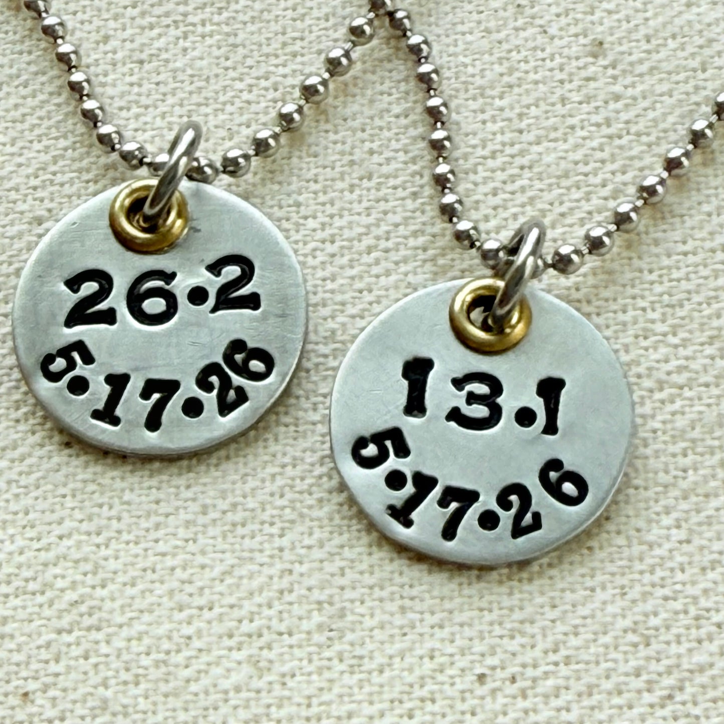 Personalized Marathon or Half Marathon Charm - Mixed Metal Hand stamped - silver and gold pendant - drake designs jewelry