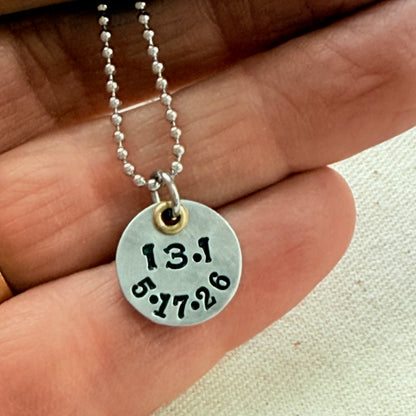 Personalized Marathon or Half Marathon Necklace - Mixed Metal Hand stamped with date and 26.2 or 13.1 - silver and gold pendant - drake designs jewelry