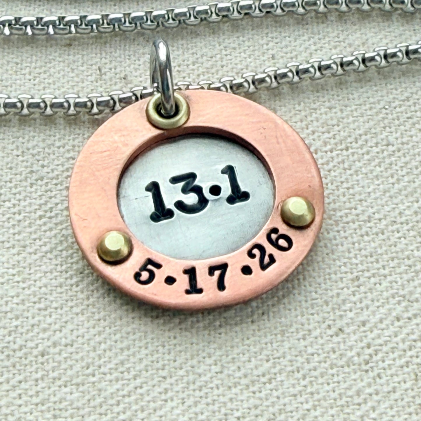 Personalized Marathon Necklace with Date and Raised Border - Silver with gold and copper accents - drake designs jewelry