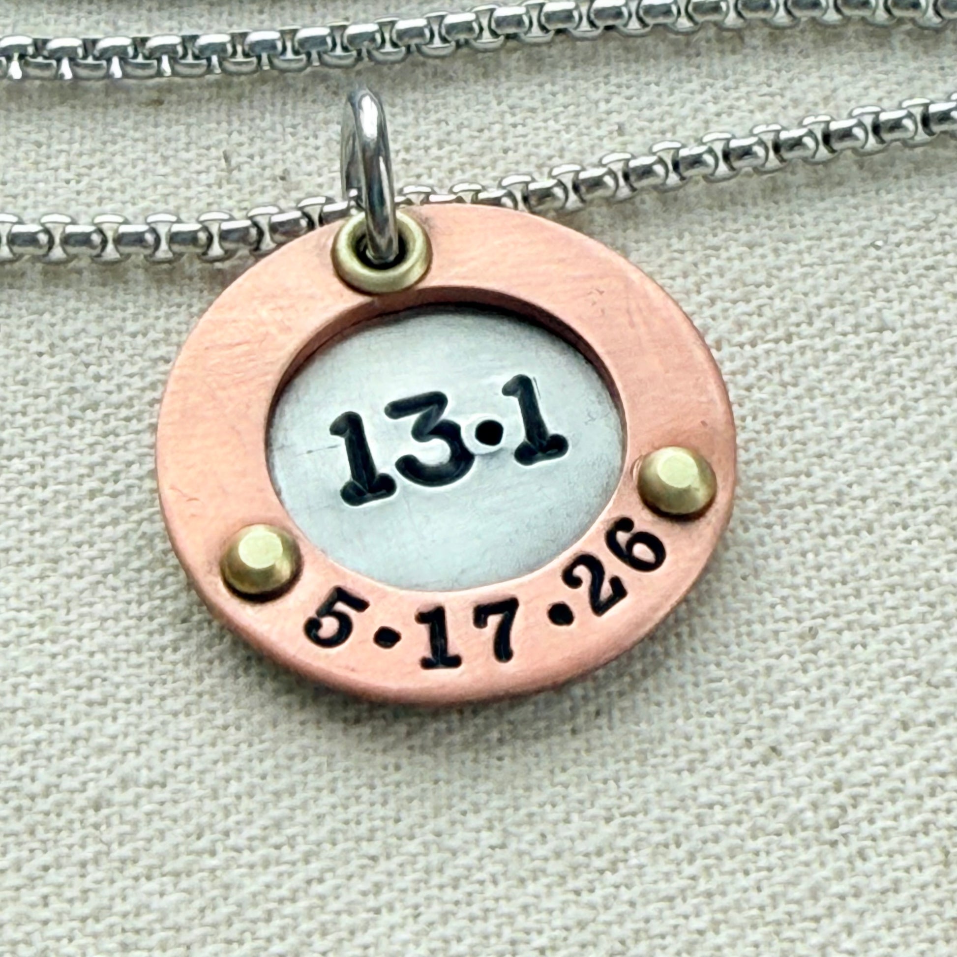 Personalized Marathon Necklace with Date and Raised Border - Silver with gold and copper accents - drake designs jewelry