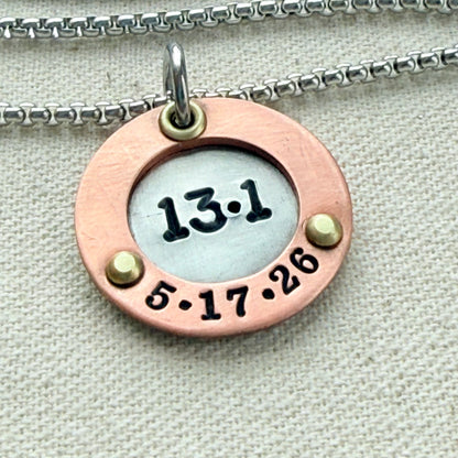 Personalized Marathon Necklace with Date and Raised Border - Silver with gold and copper accents - drake designs jewelry