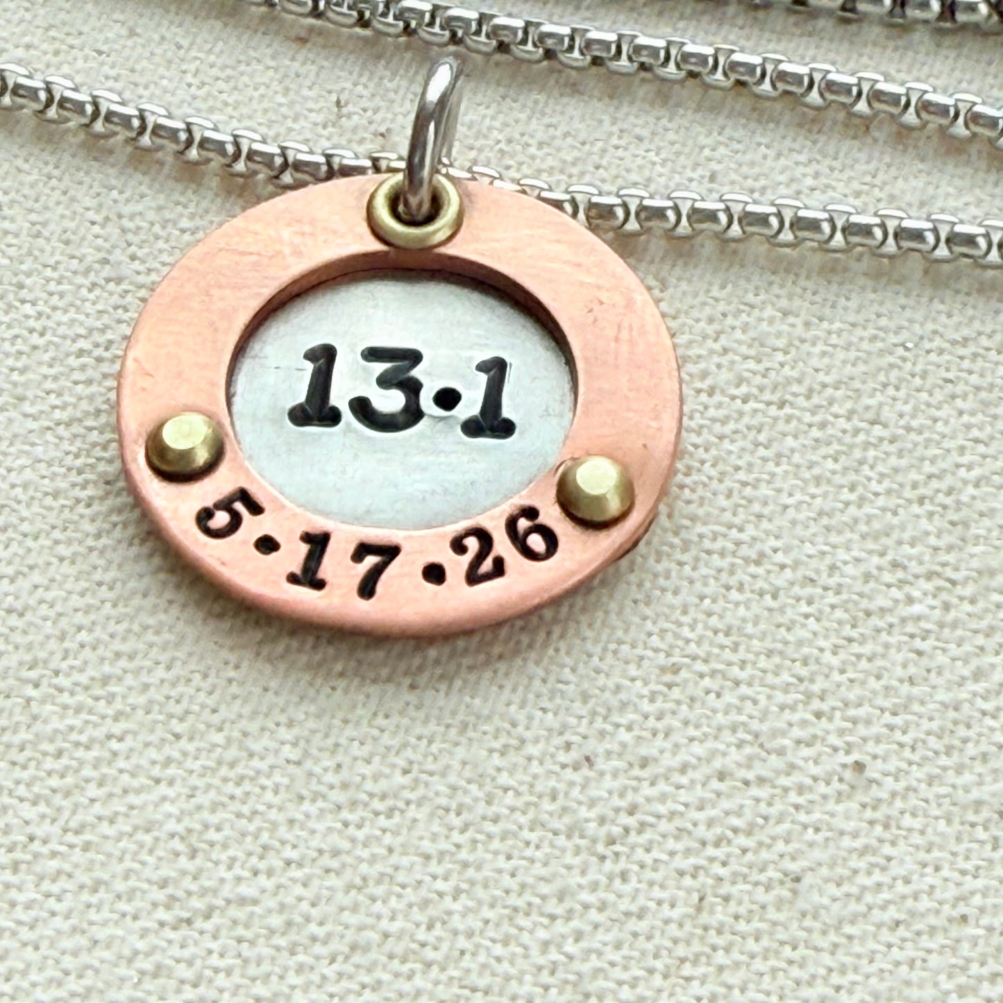 Personalized Marathon Necklace with Date and Raised Border - Silver with gold and copper accents - drake designs jewelry