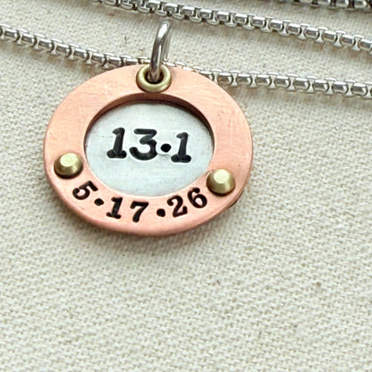 Personalized Marathon Necklace with Date and Raised Border - Silver with gold and copper accents - drake designs jewelry