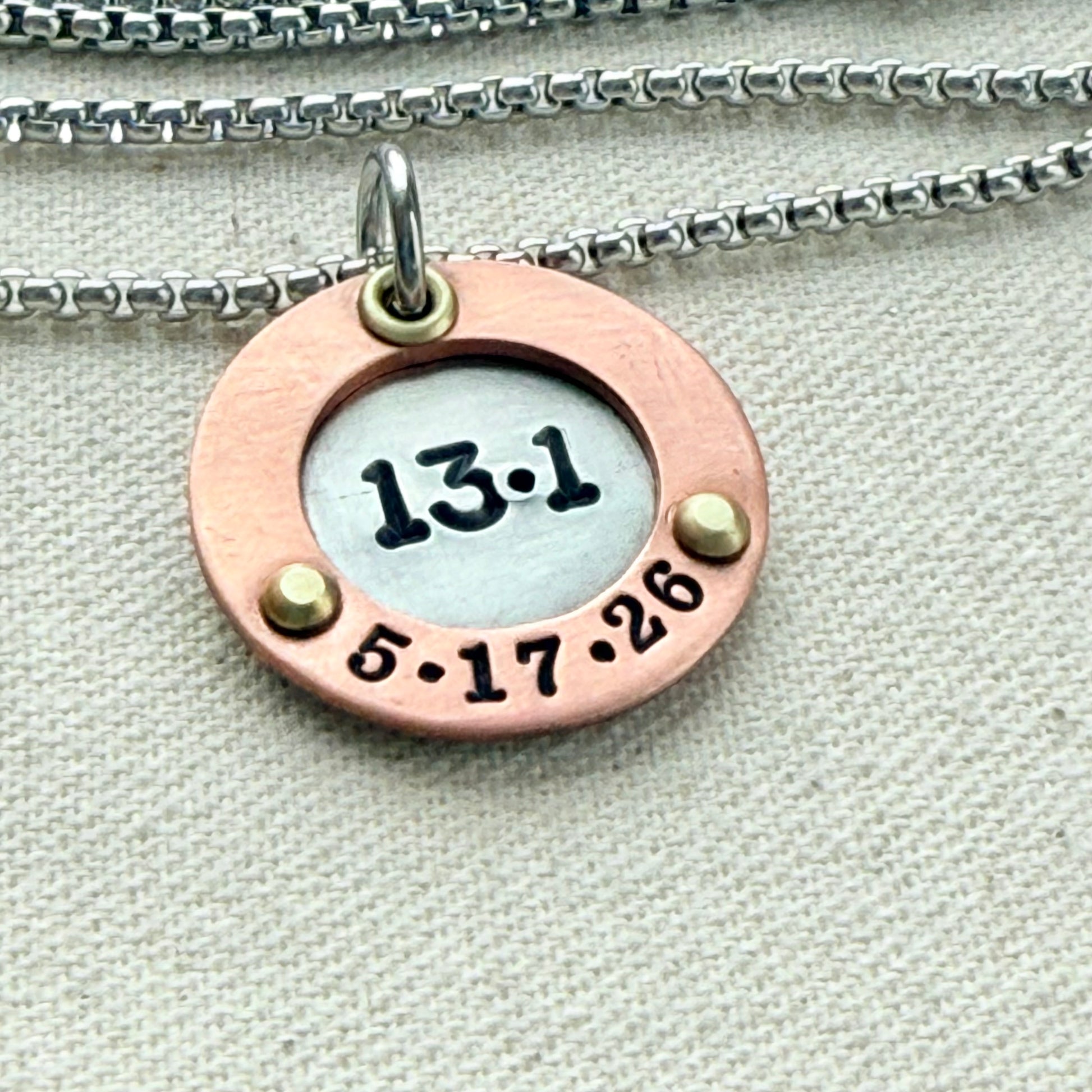 Personalized Marathon Necklace with Date and Raised Border - Silver with gold and copper accents - drake designs jewelry