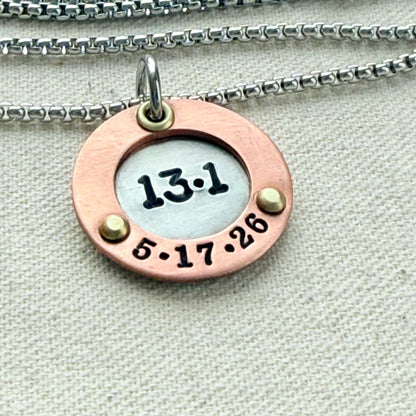 Personalized Marathon Necklace with Date and Raised Border - Silver with gold and copper accents - drake designs jewelry