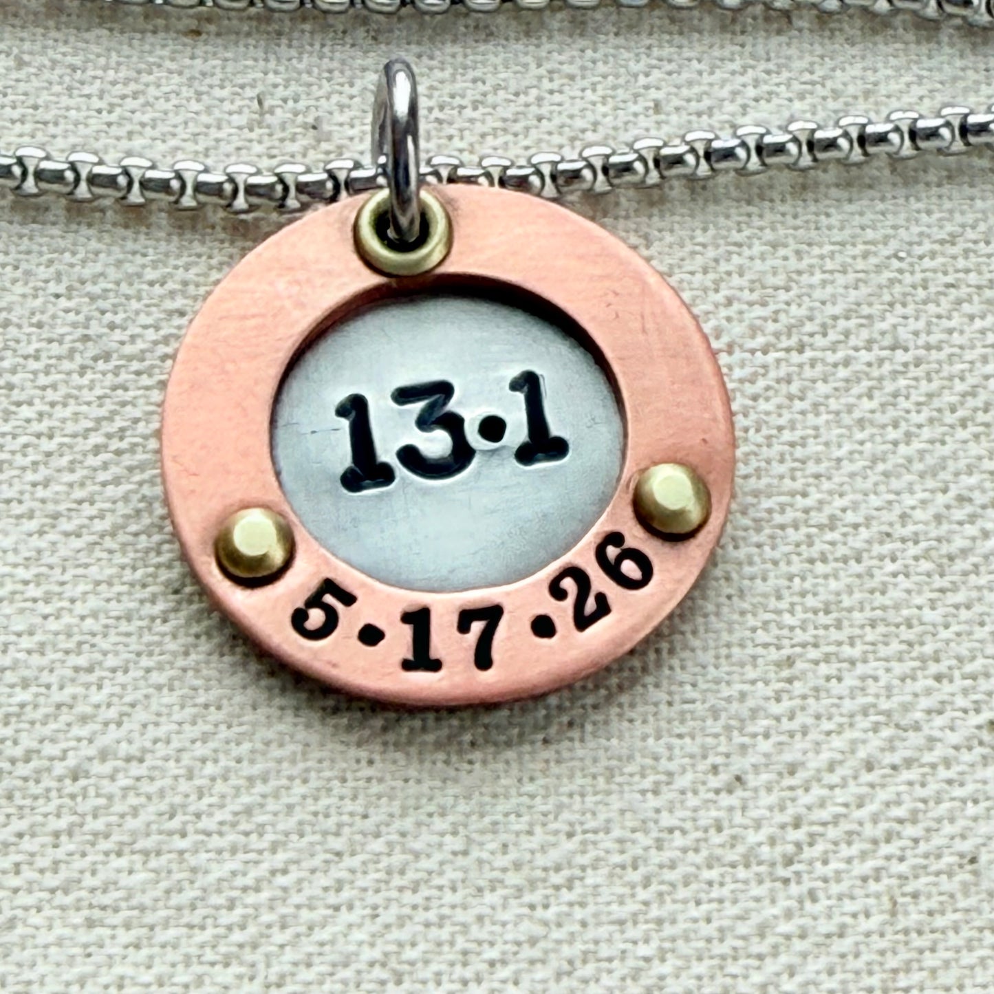Personalized Marathon Necklace with Date and Raised Border - Silver with gold and rose gold accents - drake designs jewelry