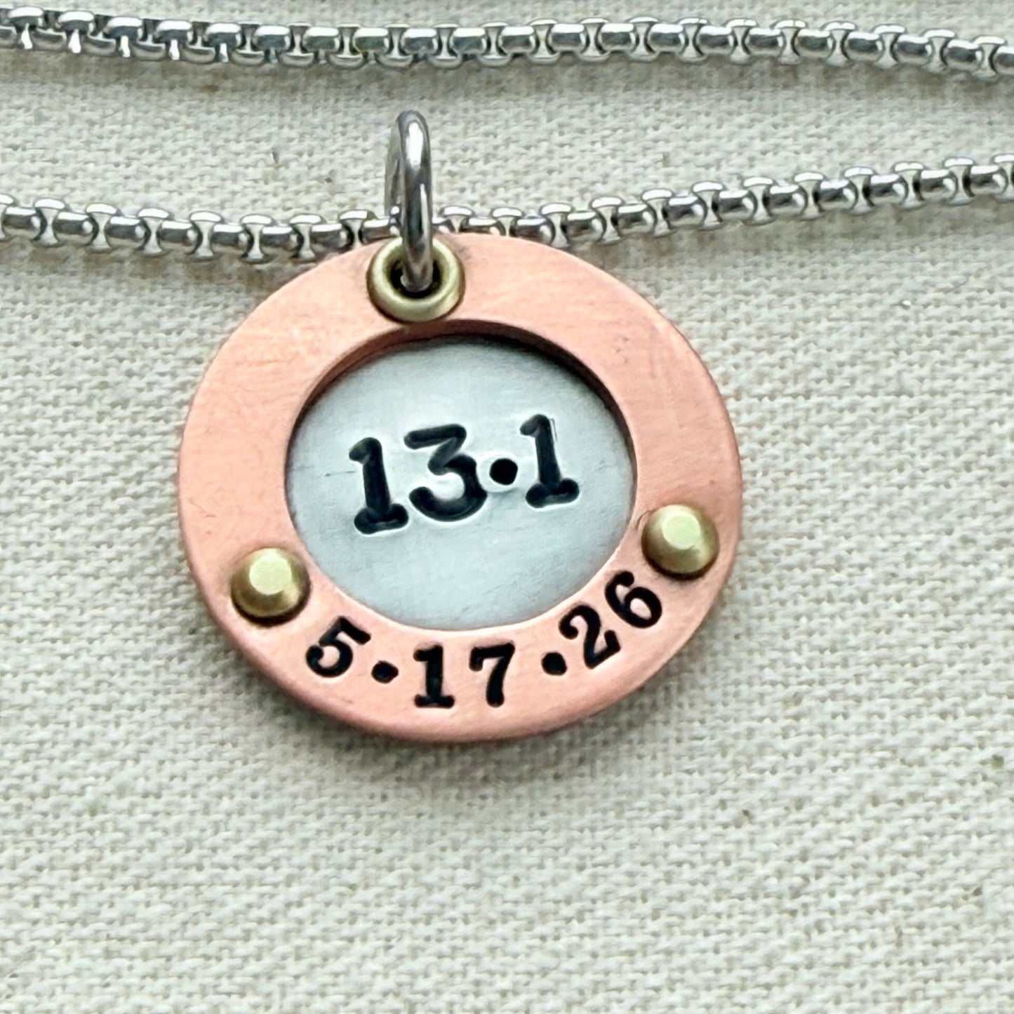 Personalized Marathon Necklace with Date and Raised Border - Silver with gold and copper accents - drake designs jewelry