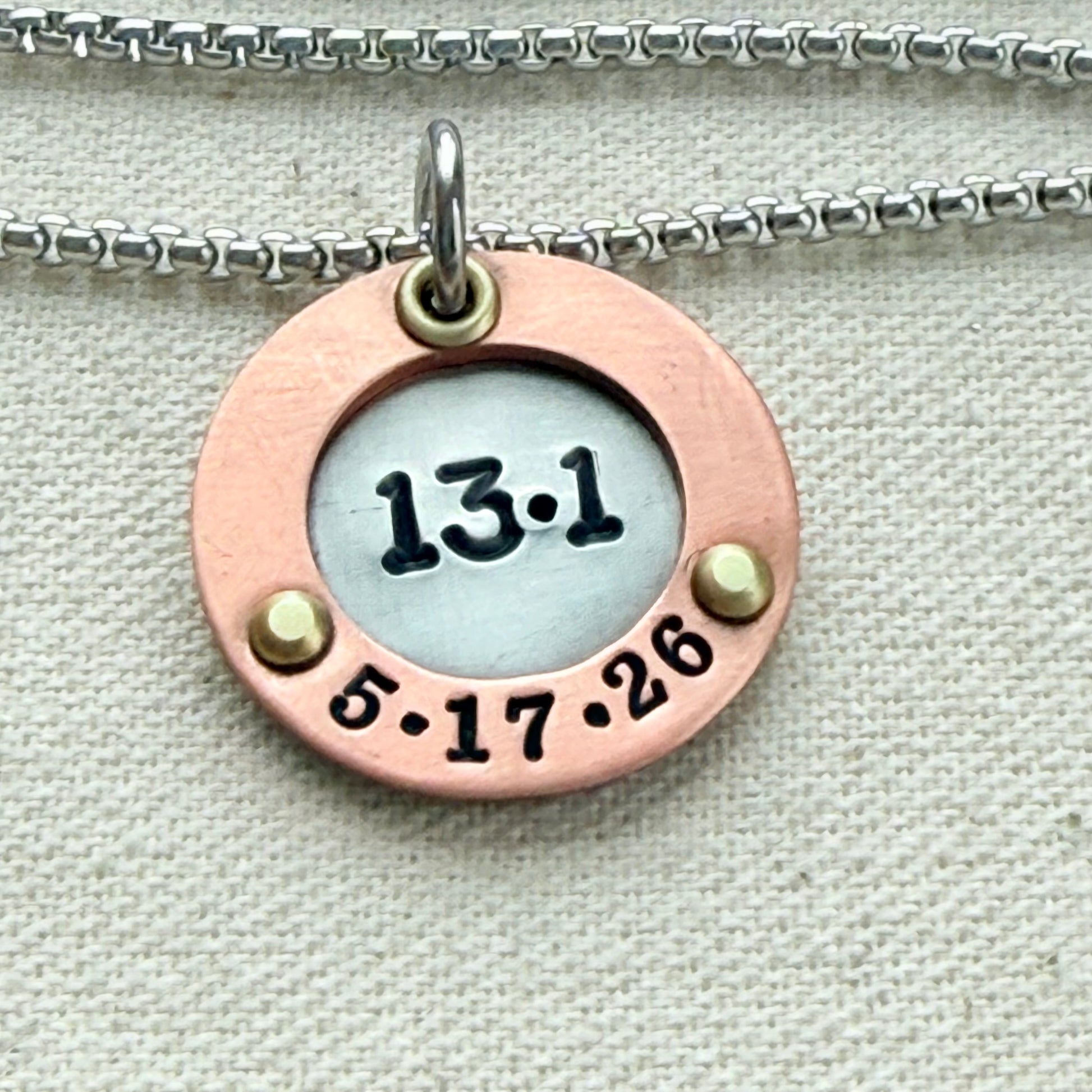 Personalized Marathon Necklace with Date and Raised Border - Silver with gold and copper accents - drake designs jewelry