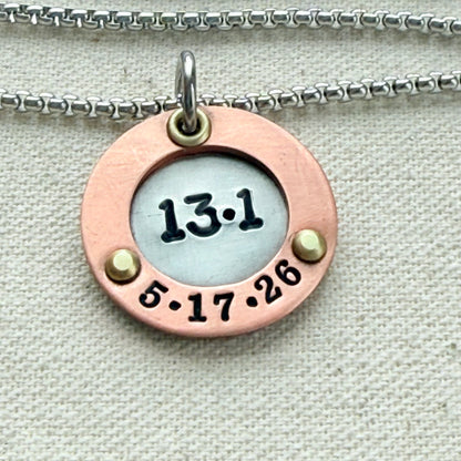 Personalized Marathon Necklace with Date and Raised Border - Silver with gold and copper accents - drake designs jewelry