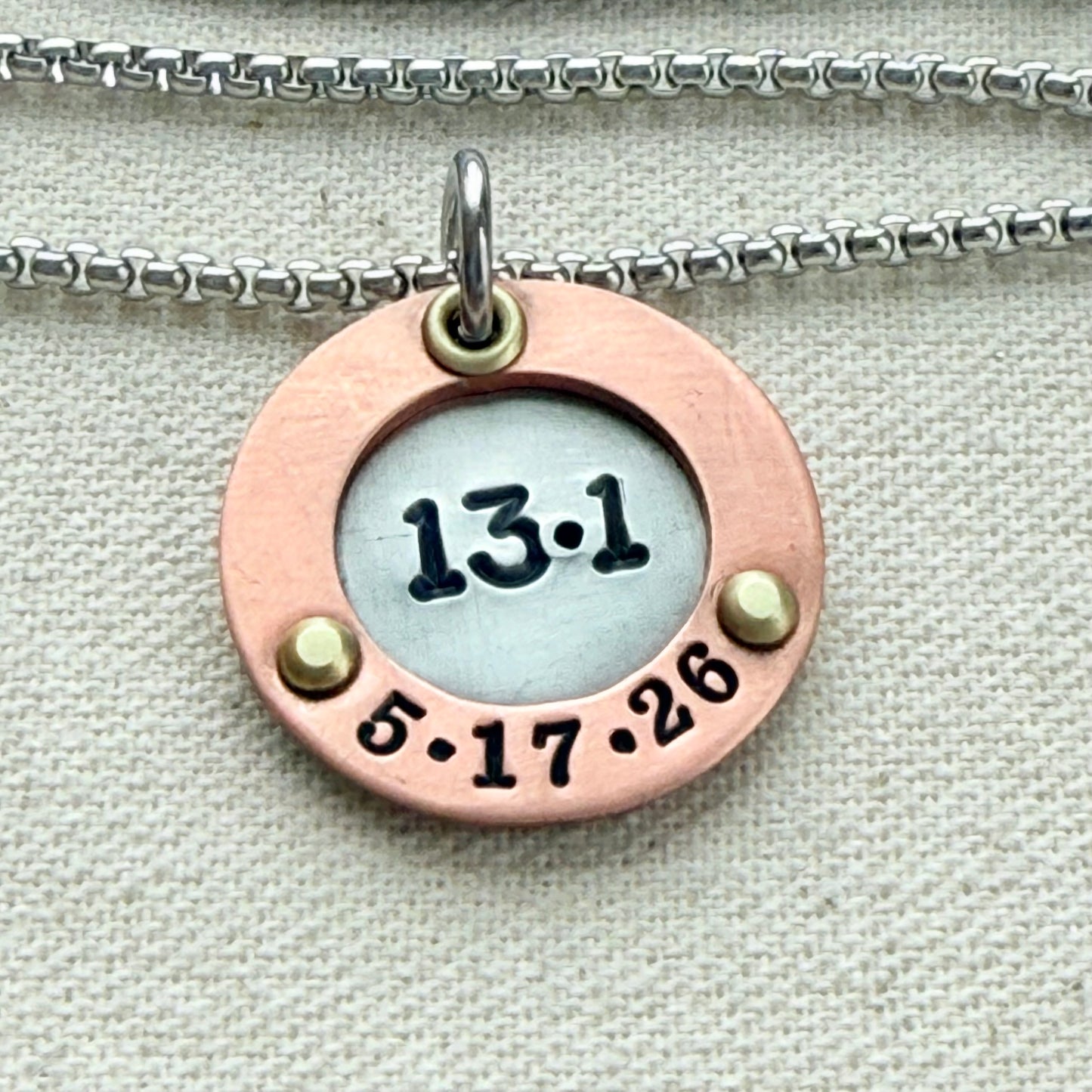 Personalized Marathon Necklace with Date and Raised Border - Silver with gold and rose gold accents - drake designs jewelry
