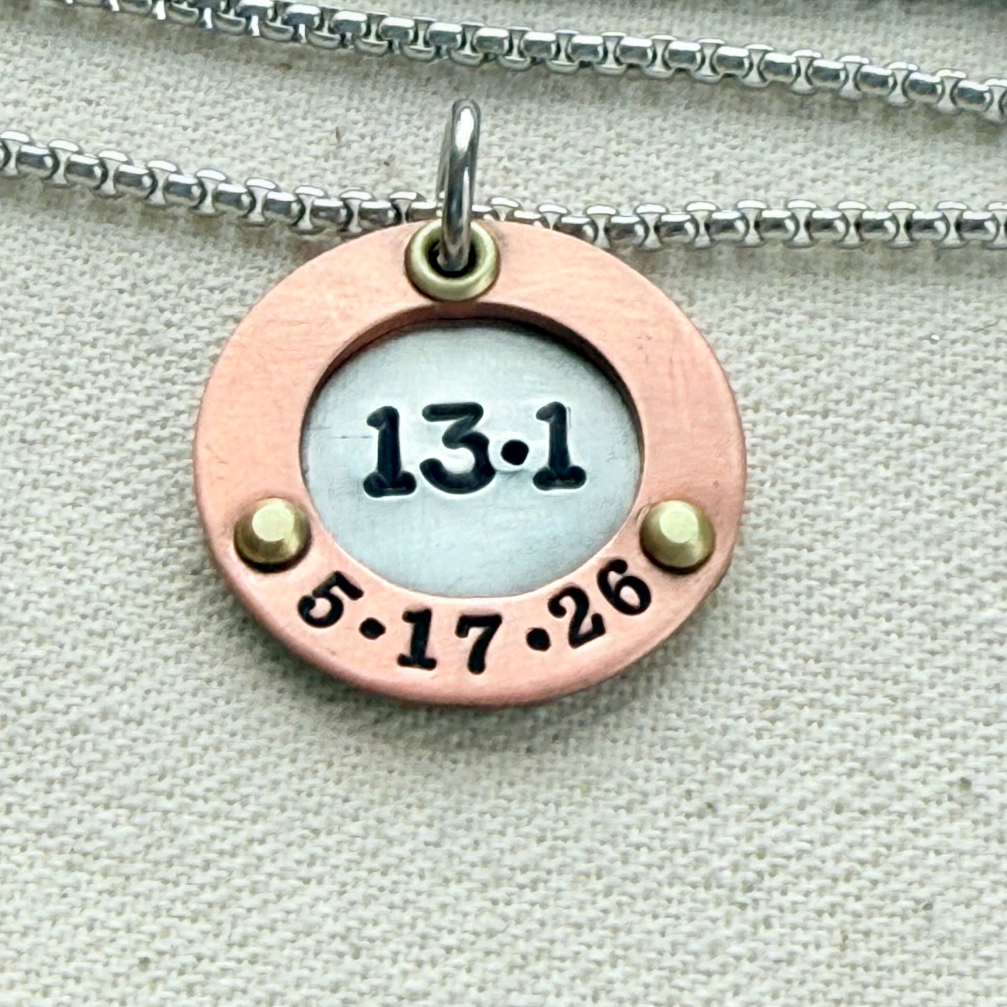 Personalized Marathon Necklace with Date and Raised Border - Silver with gold and rose gold accents - drake designs jewelry