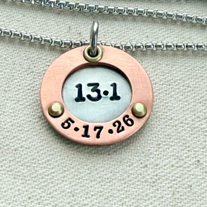 Personalized Marathon Necklace with Date and Raised Border - Silver with gold and rose gold accents - drake designs jewelry