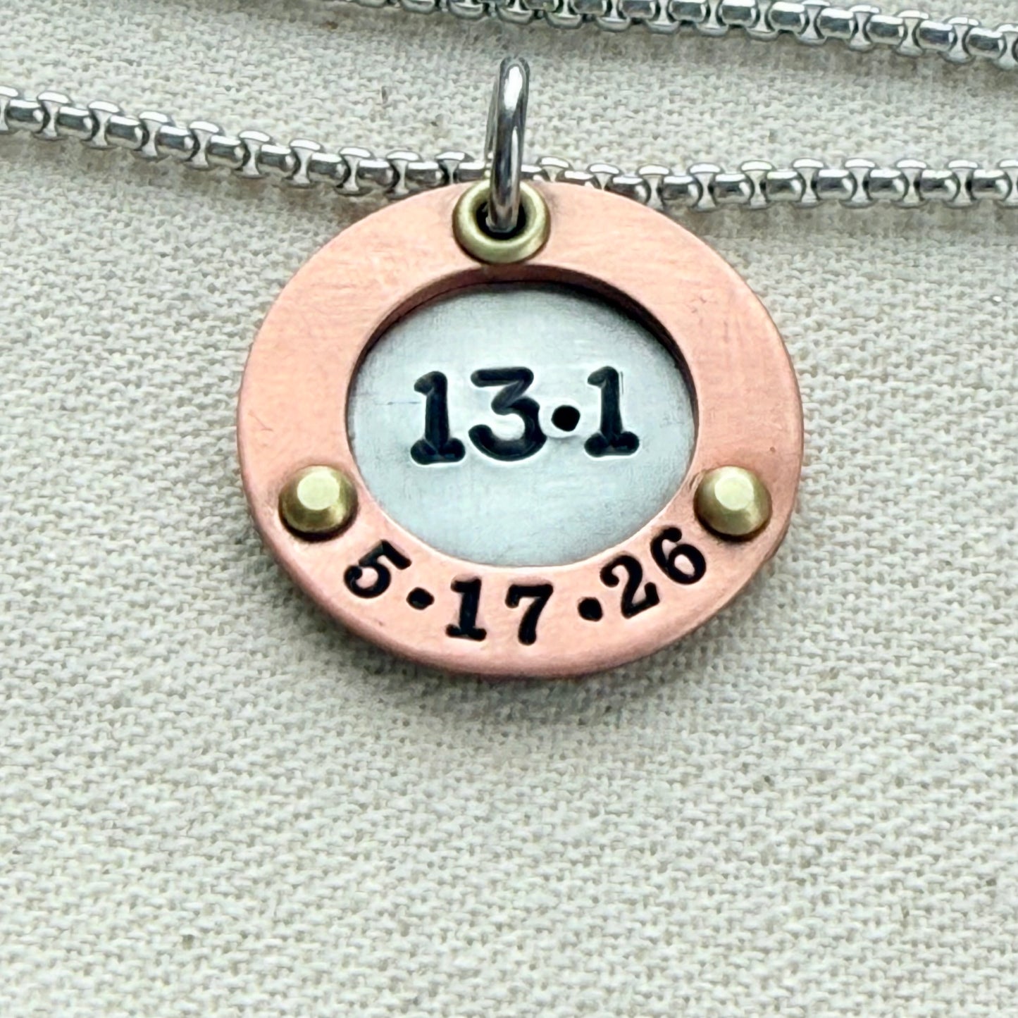 Personalized Marathon Necklace with Date and Raised Border - Silver with gold and rose gold accents - drake designs jewelry