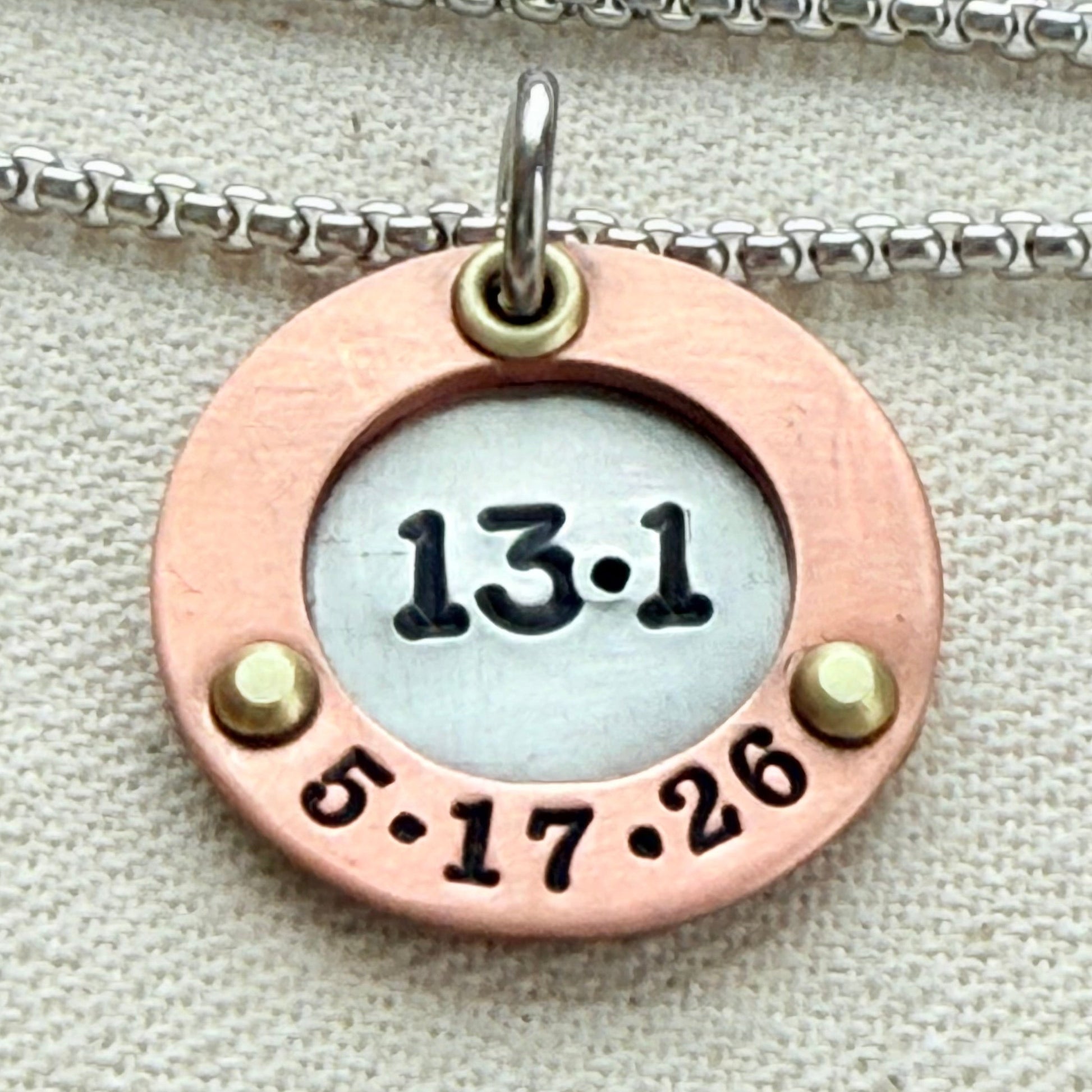 Mixed Metal Custom Marathon Necklace with Date - with Raised Border and Golden Brass Brass Accents- Hand Riveted - Drake Designs Jewelry