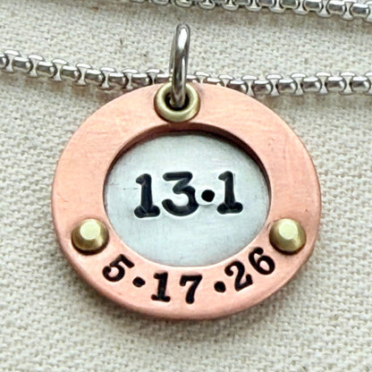 Mixed Metal Custom Marathon Necklace with Date - with Raised Border and Golden Brass Brass Accents- Hand Riveted - Drake Designs Jewelry