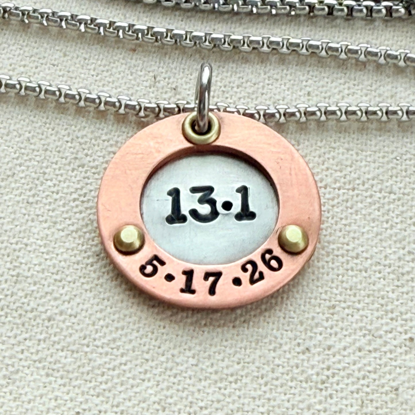 Personalized Marathon Necklace with Date and Raised Border - Silver with gold and rose gold accents - drake designs jewelry