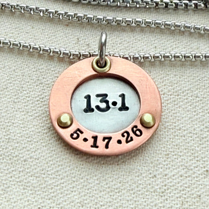 Personalized Marathon Necklace with Date and Raised Border - Silver with gold and rose gold accents - drake designs jewelry