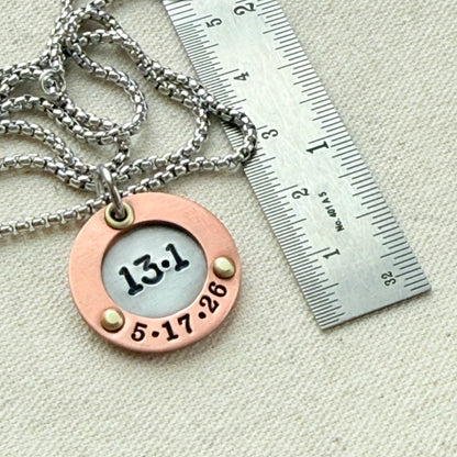 Personalized Marathon Necklace with Date and Raised Border - Silver with gold and rose gold accents - drake designs jewelry