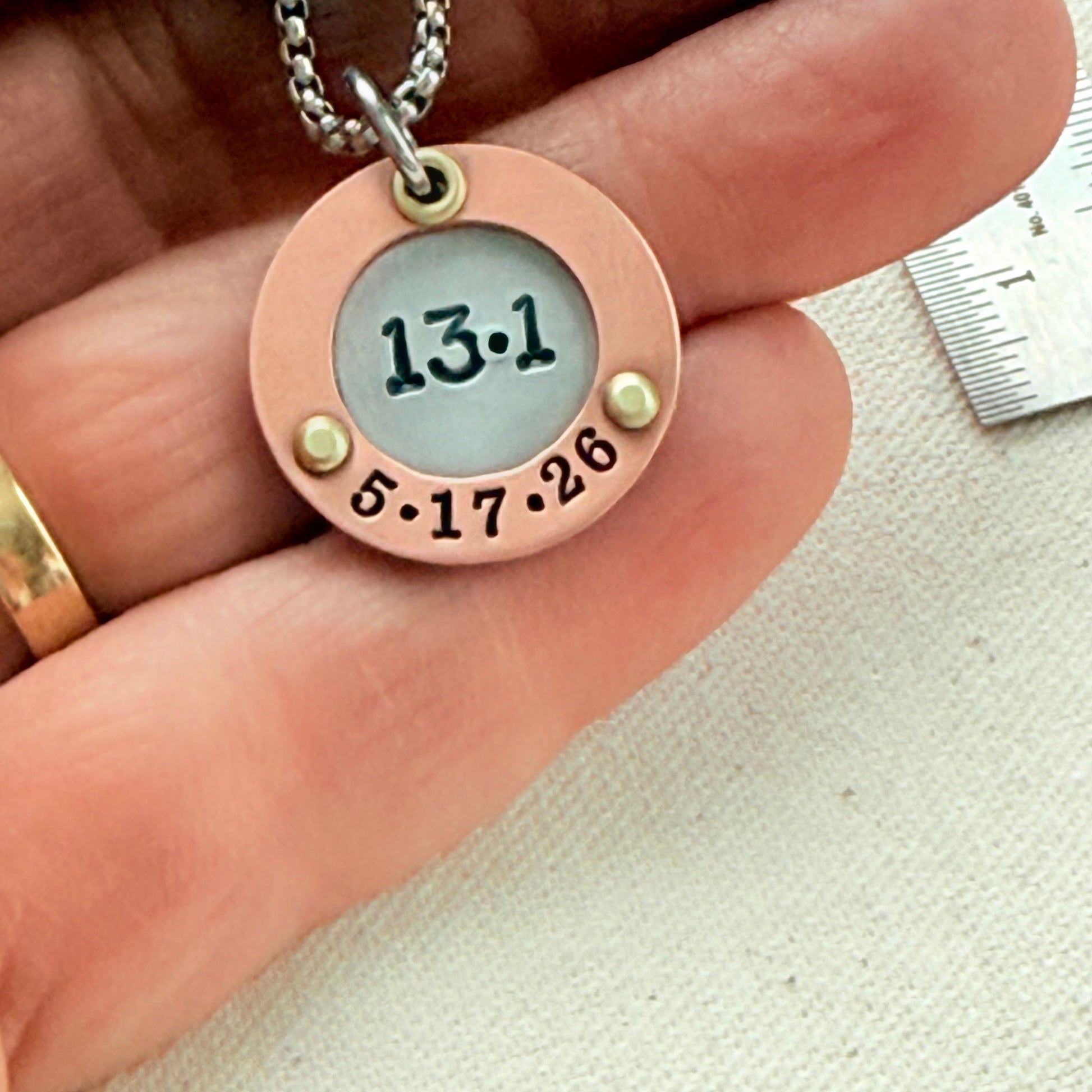 Personalized Marathon Necklace with Date and Raised Border - Silver with gold and rose gold accents - drake designs jewelry