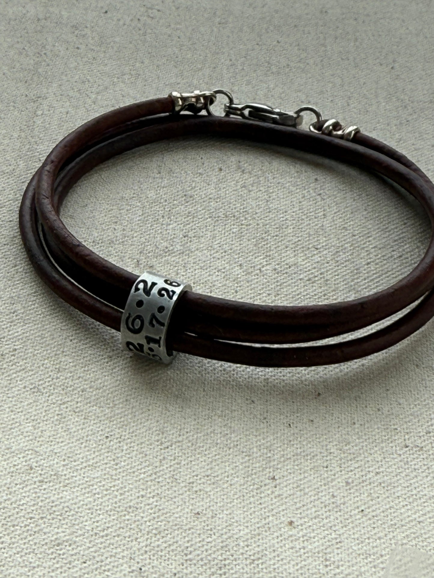 Triple wrapped Leather bracelet with a personalized marathon charm -for men or women - drake designs jewelry