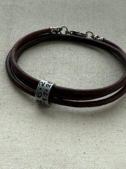 Triple wrapped Leather bracelet with a personalized marathon charm -for men or women - drake designs jewelry