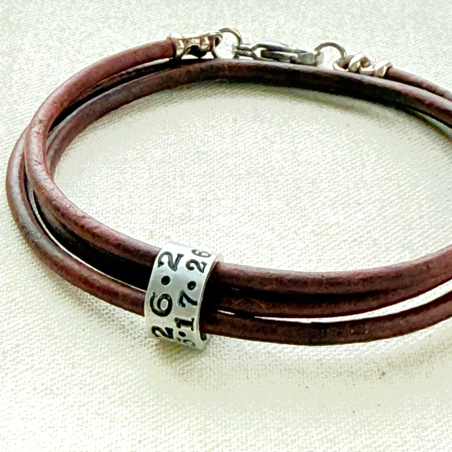 Triple wrapped Leather bracelet with a personalized marathon charm -for men or women - drake designs jewelry