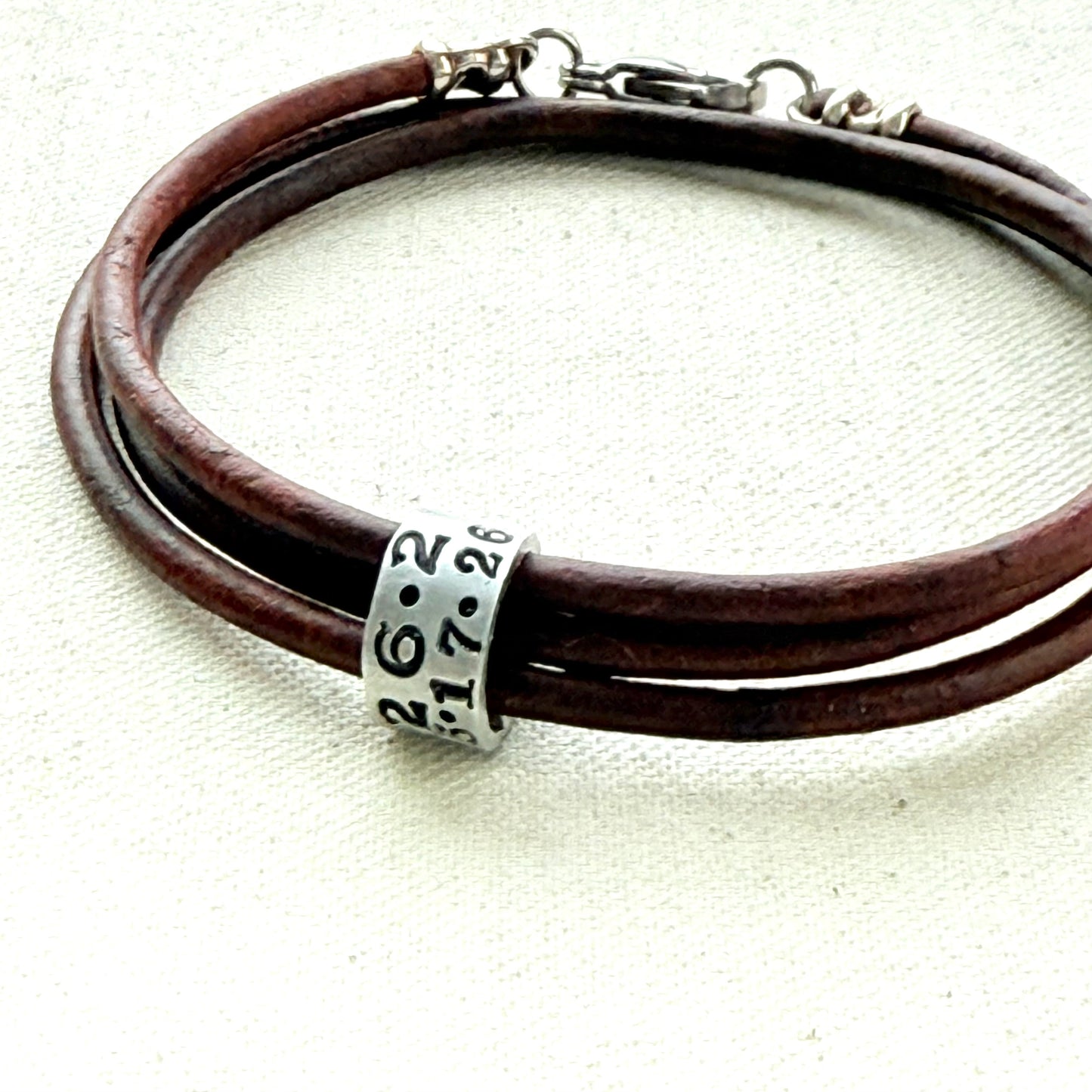 Triple wrapped Leather bracelet with a personalized marathon charm -for men or women - drake designs jewelry