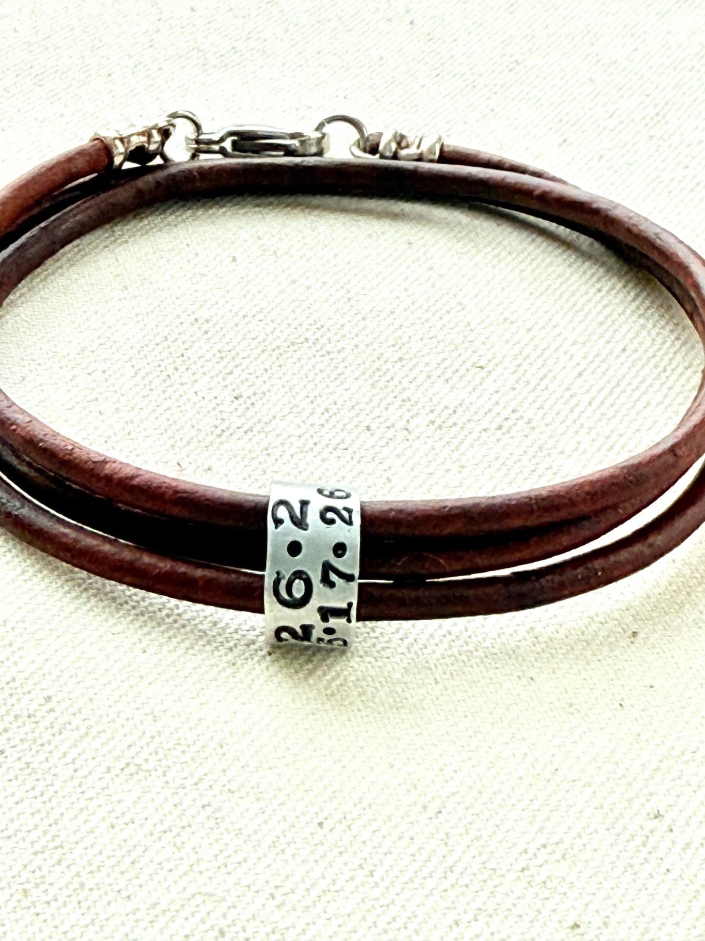 Triple wrapped Leather bracelet with a personalized marathon charm -for men or women - drake designs jewelry