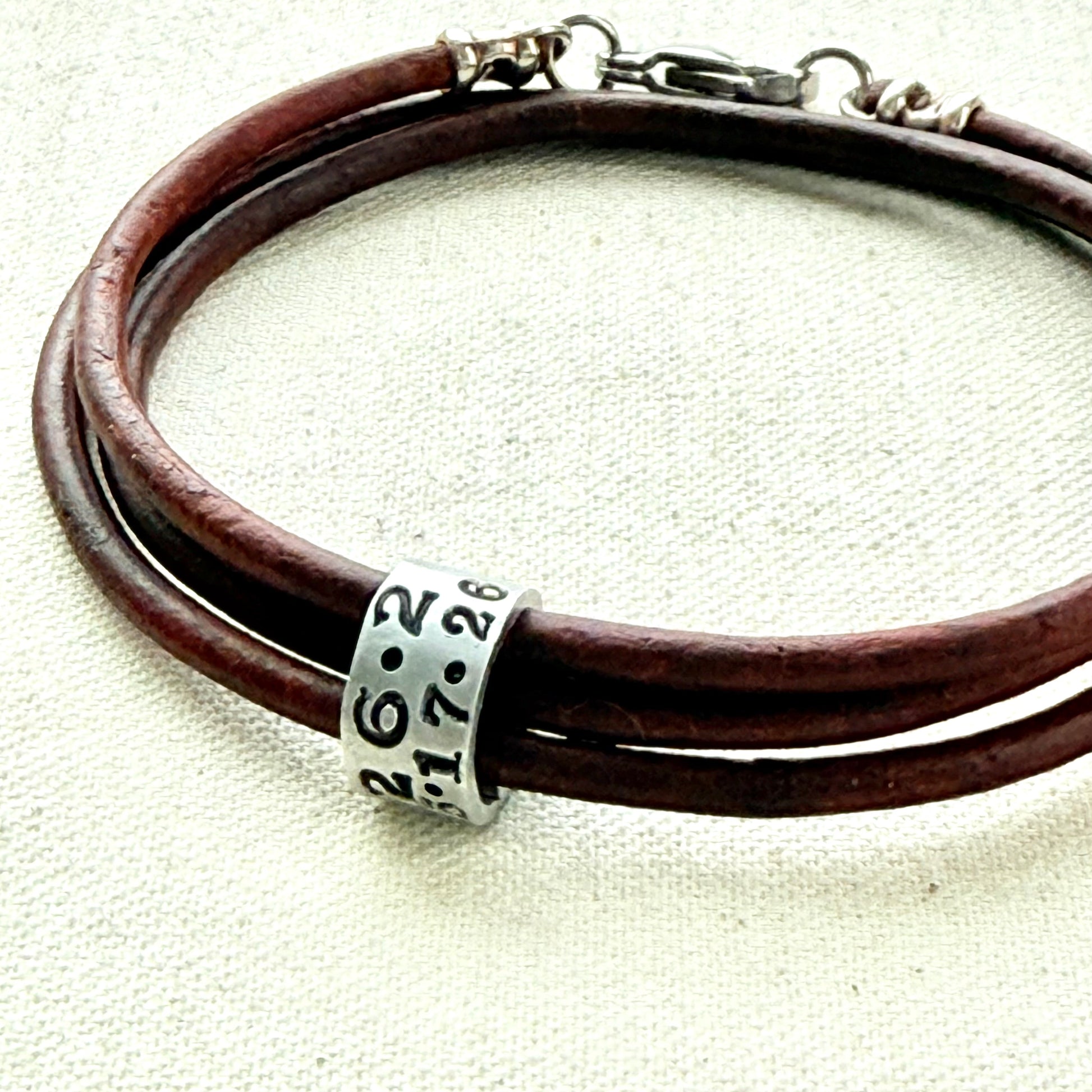 Triple wrapped Leather bracelet with a personalized marathon charm -for men or women - drake designs jewelry
