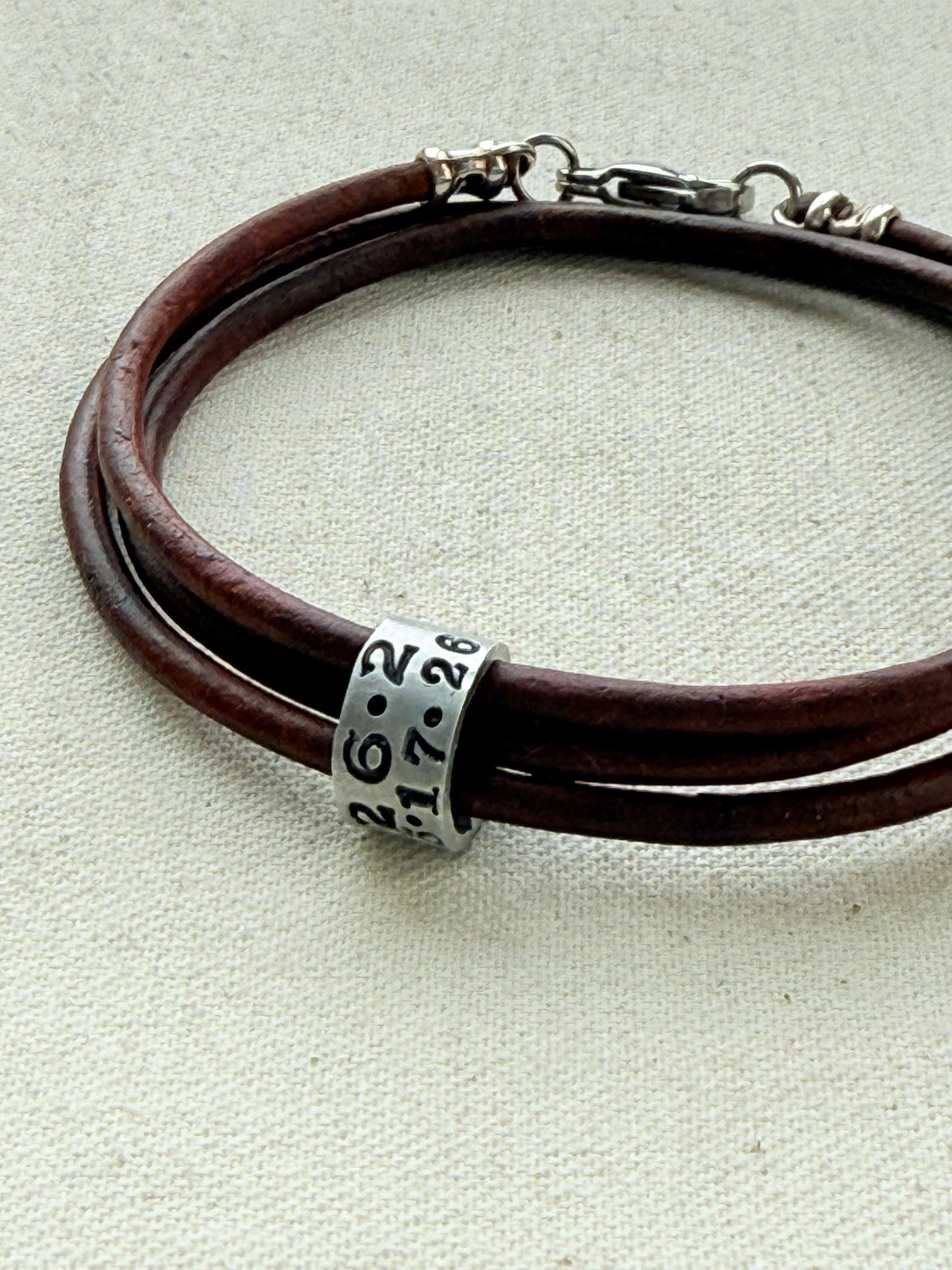 Triple wrapped Leather bracelet with a personalized marathon charm -for men or women - drake designs jewelry