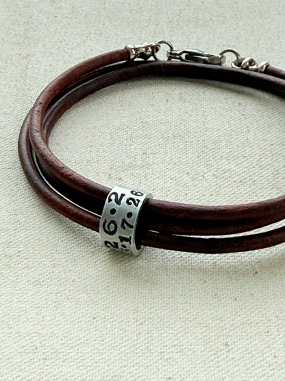 Triple wrapped Leather bracelet with a personalized marathon charm -for men or women - drake designs jewelry