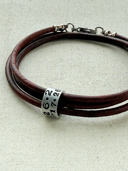 Triple wrapped Leather bracelet with a personalized marathon charm -for men or women - drake designs jewelry