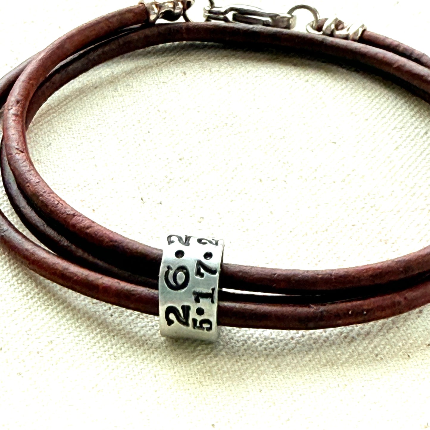 Triple wrapped Leather bracelet with a personalized marathon charm - drake designs jewelry