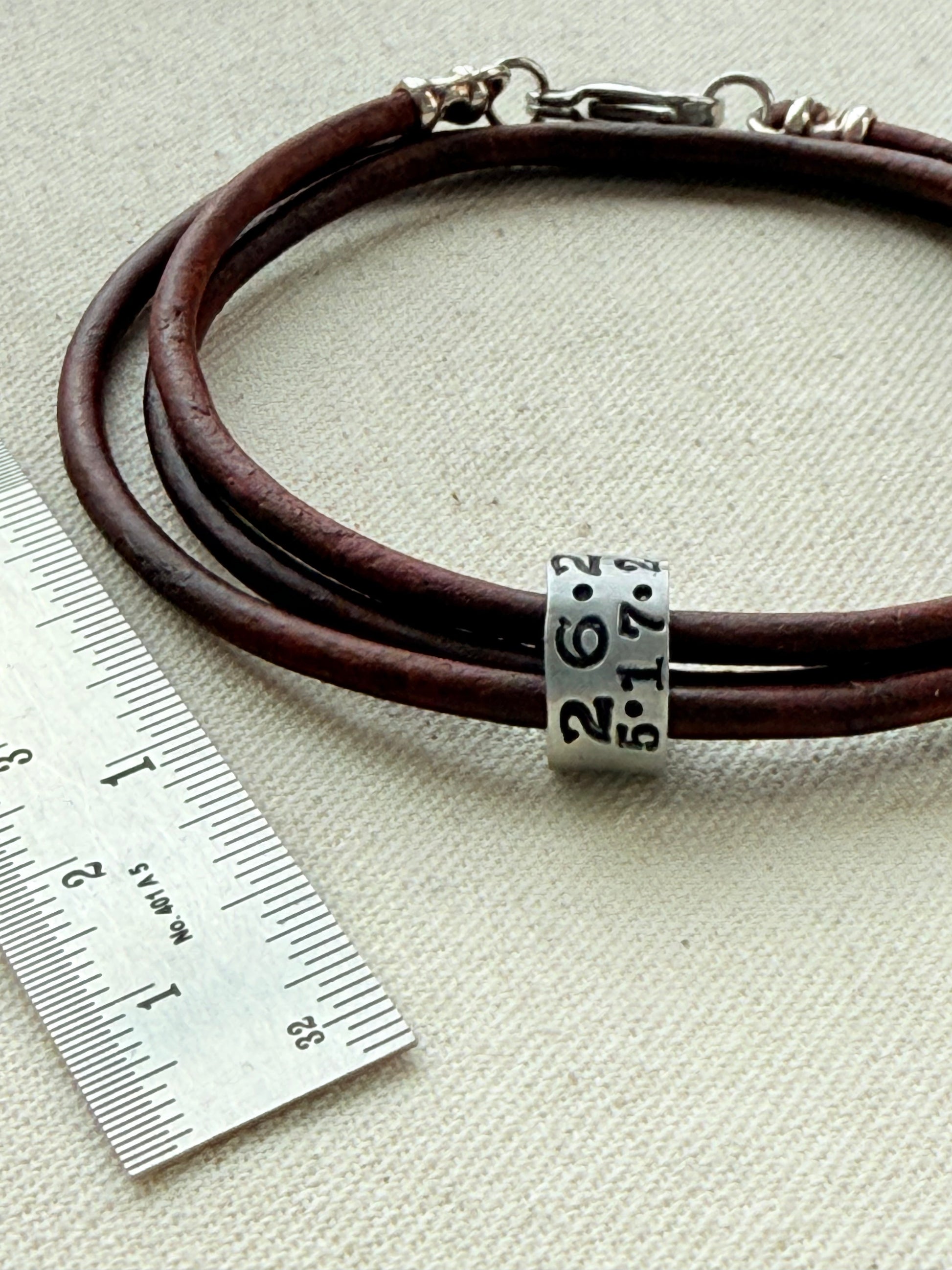 Triple wrapped Leather bracelet with a personalized marathon charm -for men or women - drake designs jewelry