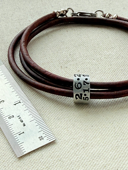 Triple wrapped Leather bracelet with a personalized marathon charm -for men or women - drake designs jewelry