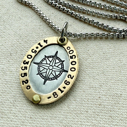 Oval Gold Rimmed custom coordinates necklace with compass rose at center hand stamped and riveted by hand - drake designs jewelry