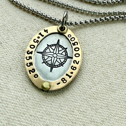 Gold rimmed compass necklace with custom coordinates - oval pendant with compass rose at center-  hand stamped and riveted by hand - drake designs jewelry